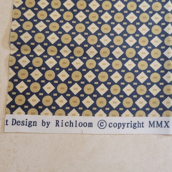 Cotton Fabric Navy Tan Geometric Circles Diamonds 18" x 43" Richloom MMX - Picture 6 of 9